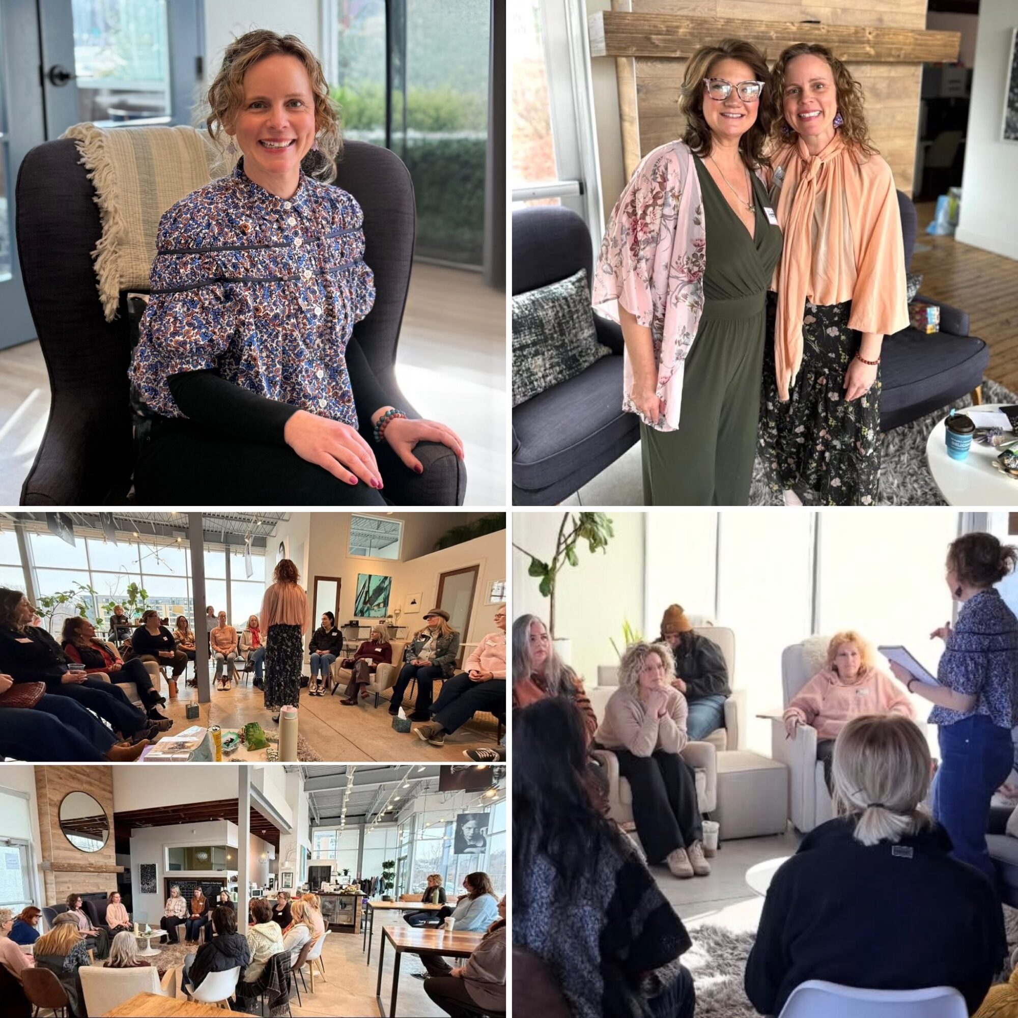 Four images of women and groups in social settings, including indoor gatherings and conversations, with natural light and casual attire.