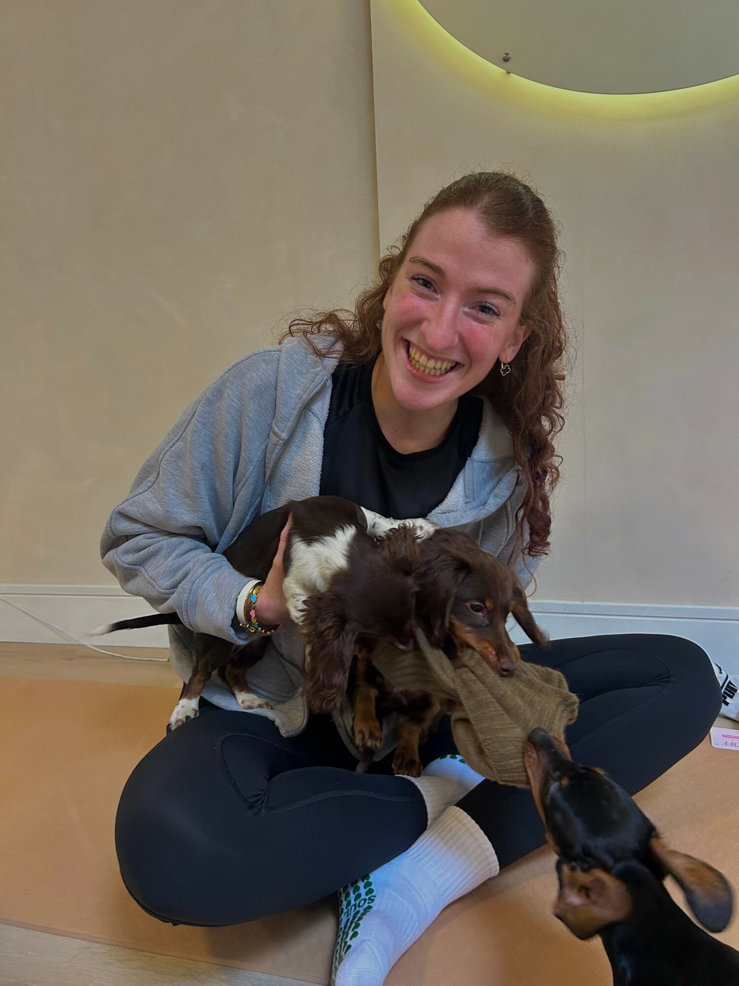 Person sitting cross-legged, smiling, holding a dog, in a room with a yellow-lit wall feature.