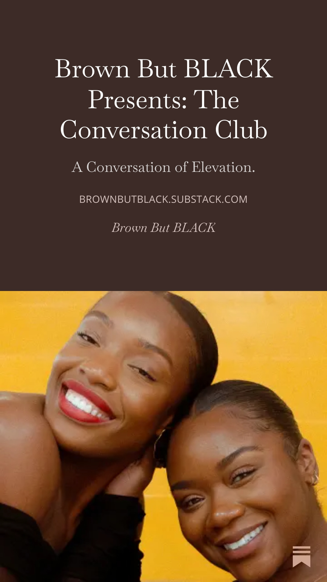 Two smiling women with dark skin and short hair, one with red lipstick, against a yellow background.