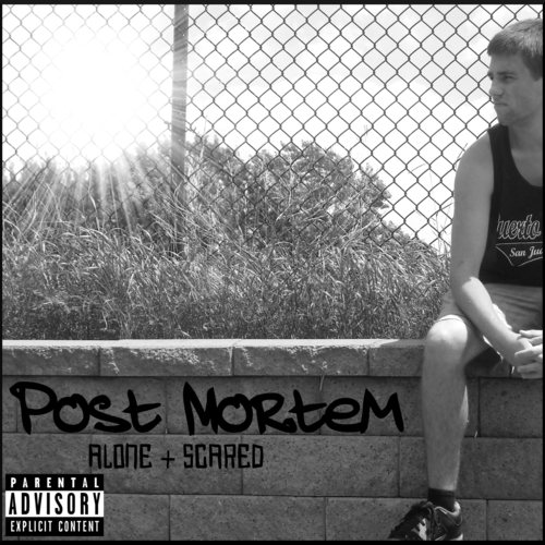 Young person sitting on a ledge next to a chain-link fence, with grass and trees behind, in black and white.