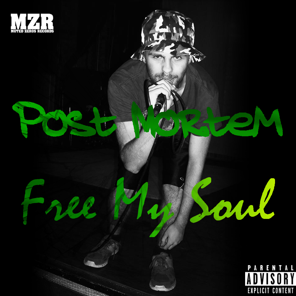Young man crouching with a microphone, wearing a bucket hat, in black and white with green text overlay.