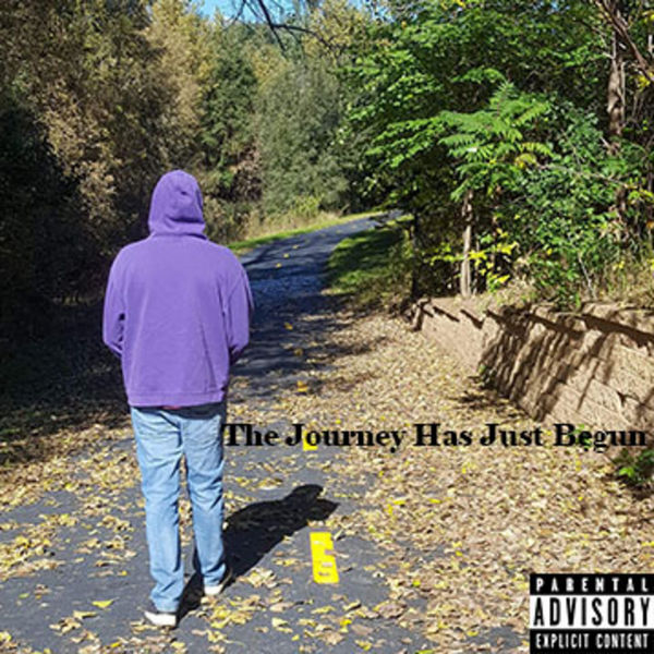 Person in purple hoodie walking on a dirt path surrounded by trees, with text 'The Journey Has Just Begun'.