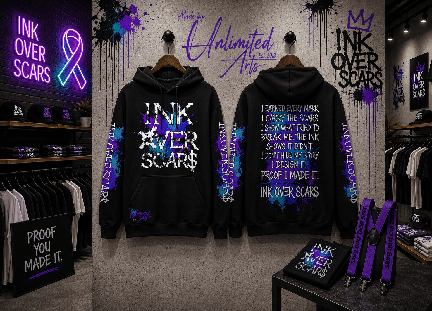 Two black hoodies with colorful ink-themed designs and text, displayed on a wall with neon and artistic decorations.