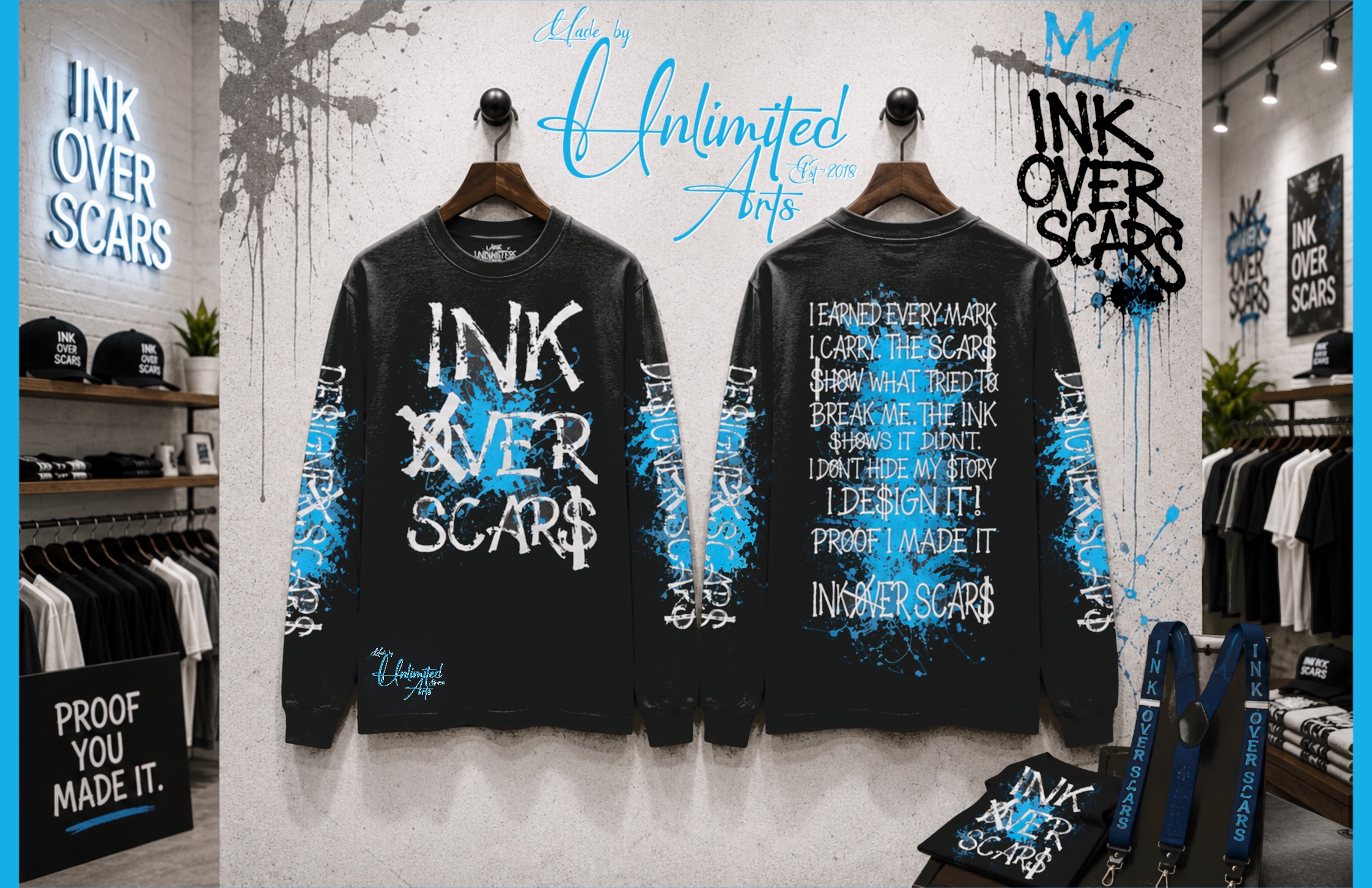Two black sweatshirts with blue and white text and graphics hang on a wall, surrounded by clothing displays and signs.