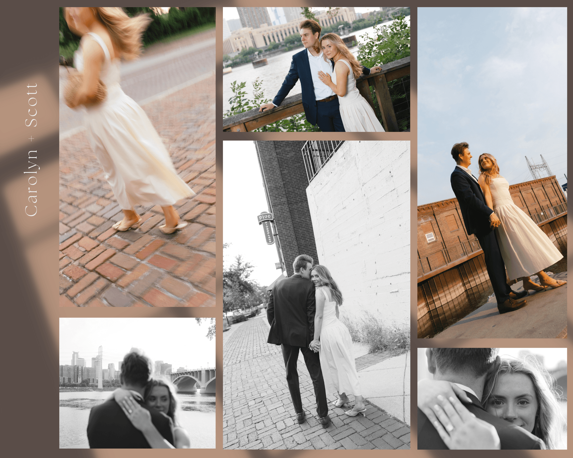 Collage of wedding photos with a couple in various outdoor settings, including a bridge and cityscape, in black and white and color.