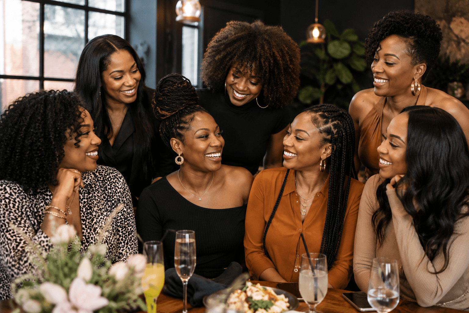 Group of seven women smiling and talking indoors, with flowers and drinks on table, warm lighting, and large windows in background.