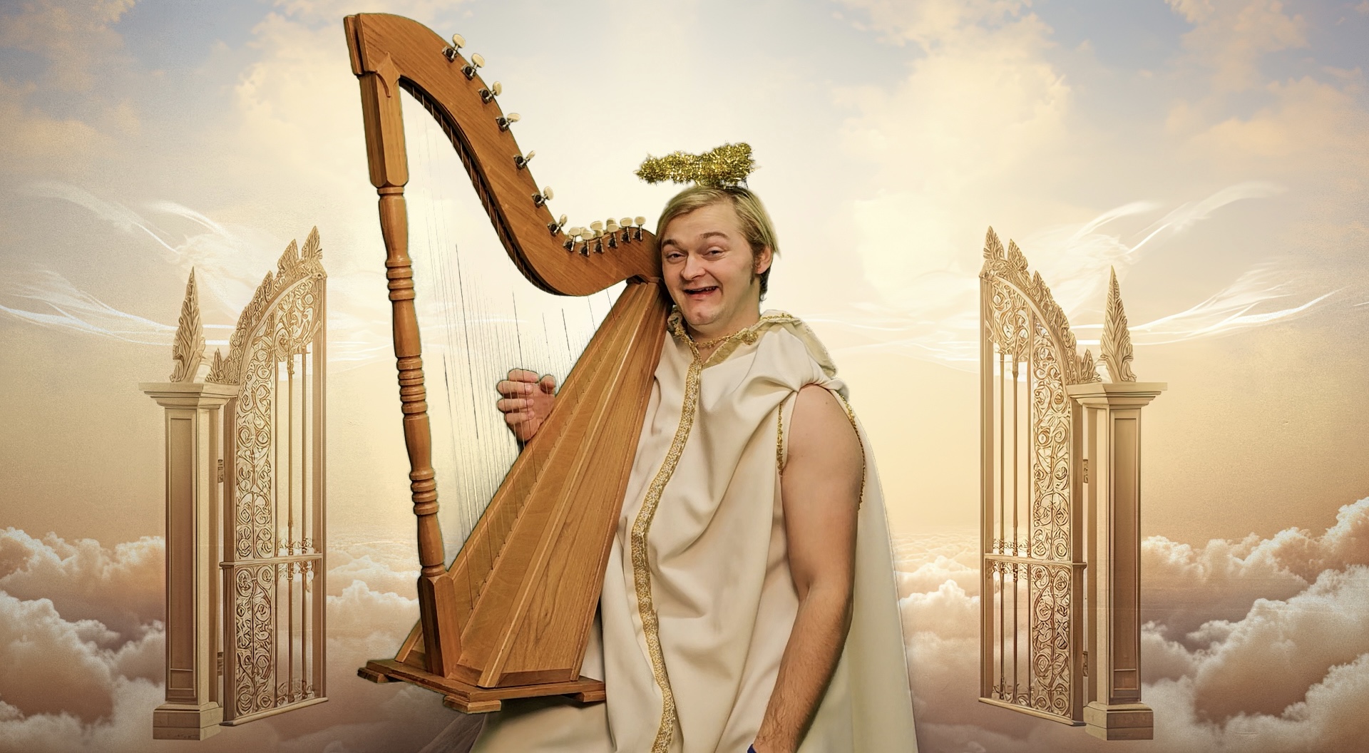 Woman smiling, holding a harp, standing between ornate gates in a cloudy sky background.