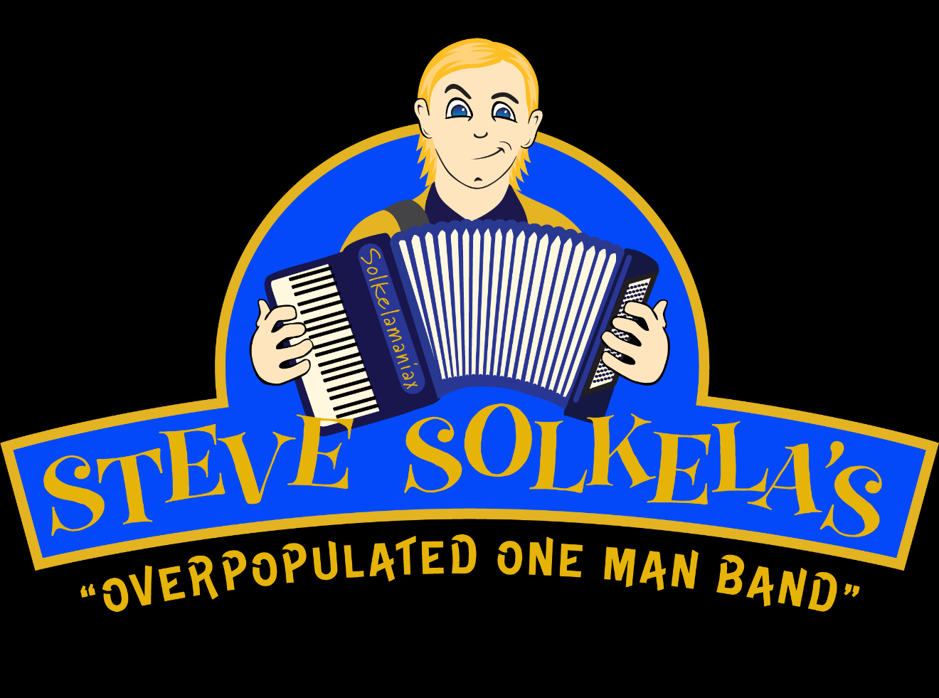 Logo featuring a person playing an accordion, with text 'Steve Solkela's Overpopulated One Man Band', on a black background.