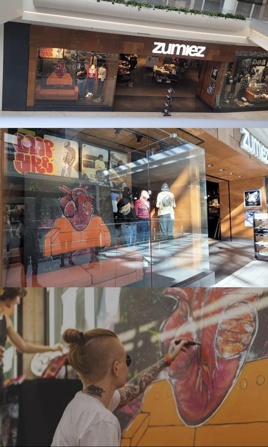 Three images: storefront with sign, glass display with people inside, child painting on a large colorful mural.