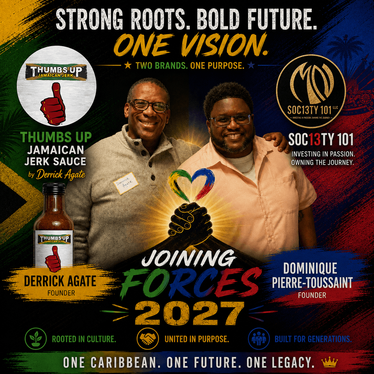 Two men smiling, holding a heart-shaped symbol, with text about unity, strength, and future in a colorful background.
