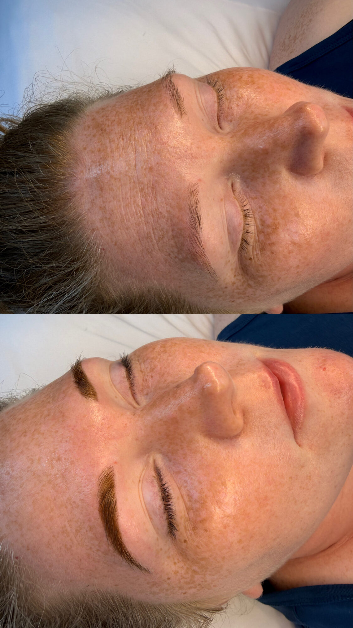 Side-by-side close-up of a woman's face before and after makeup application, with eyes closed in both images.