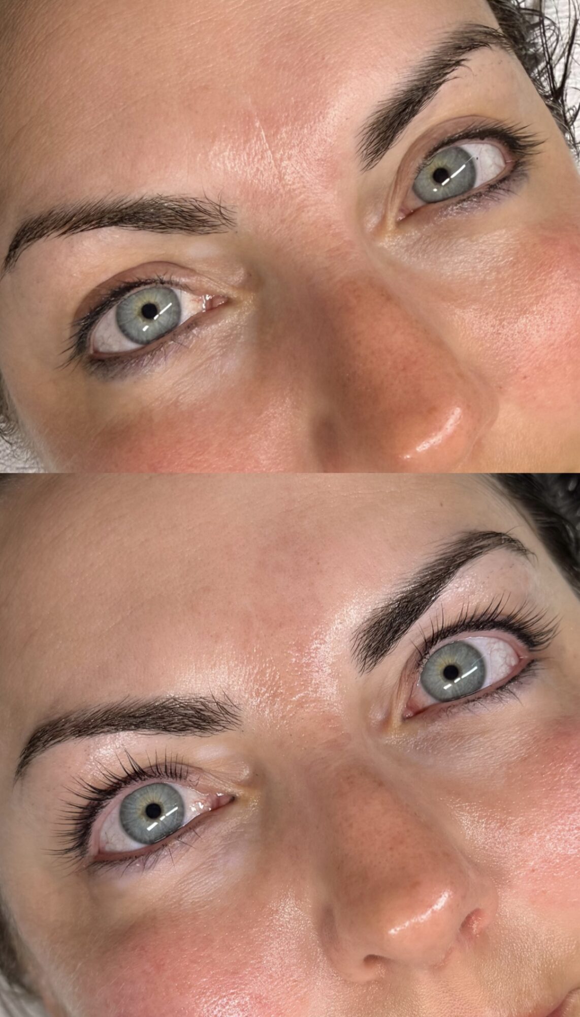 Close-up of a person's eyes and eyebrows, showing before and after makeup application, with natural skin and light eye color.