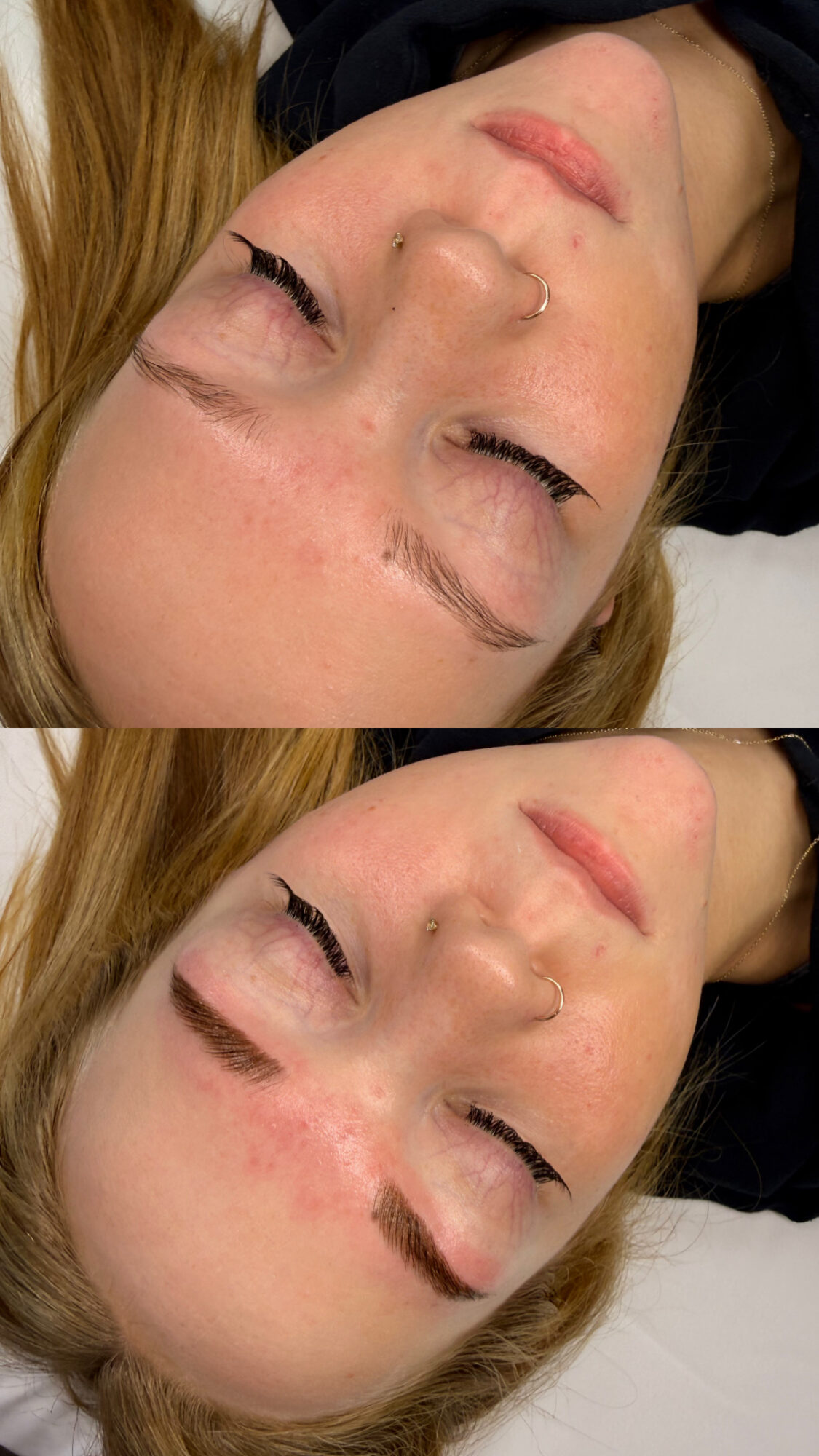 Close-up of a woman's face with closed eyes, eyebrows, and a nose ring, upside down, with visible eyebrows and skin details.