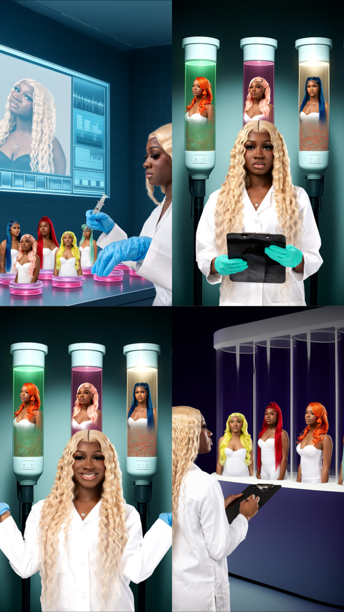 A woman with long blonde hair in a laboratory with test tubes and children, some in costumes, in a science setting.