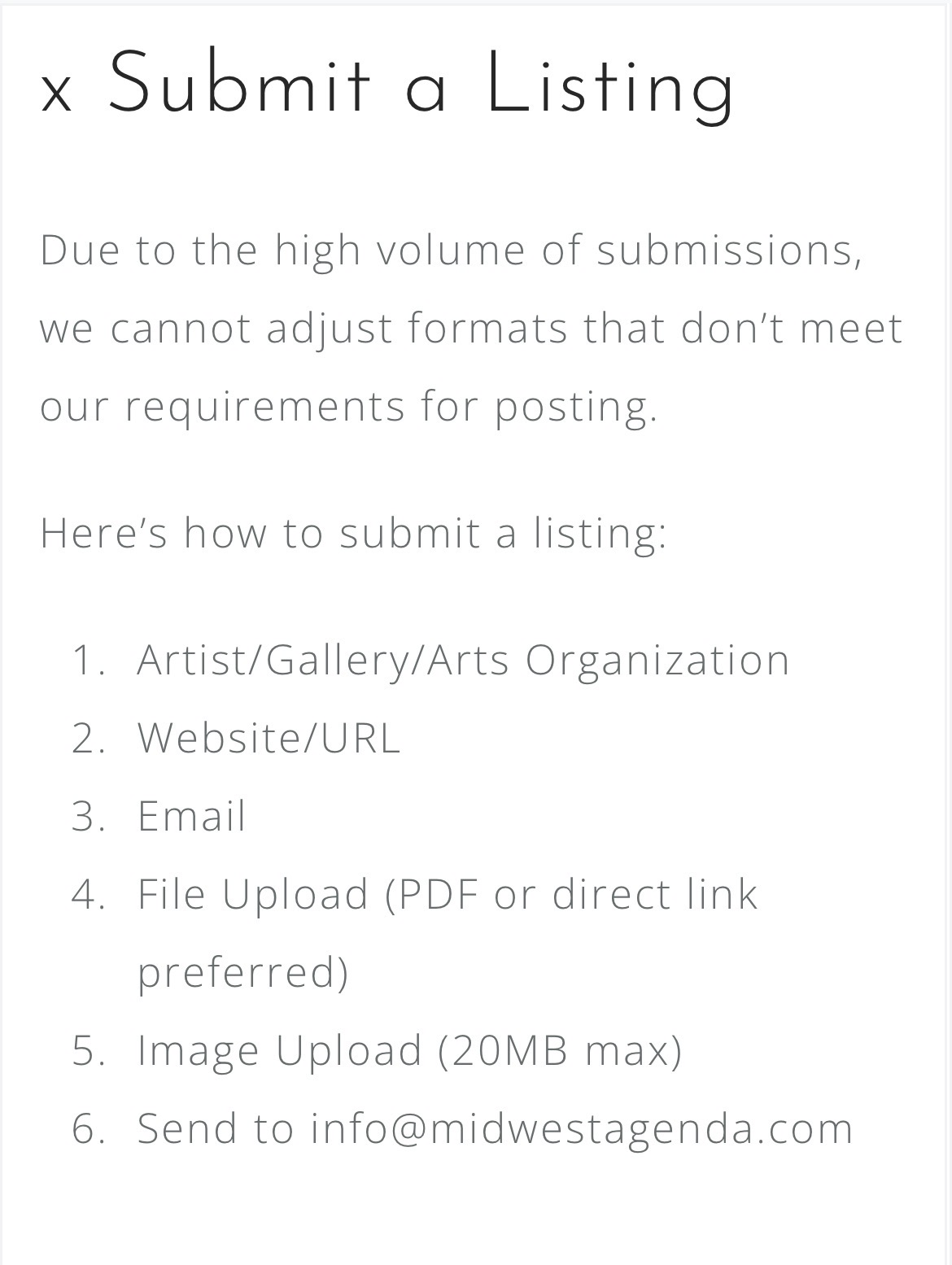 Text instructions for submitting a listing, including steps for artist, website, email, file upload, image upload, and contact email.