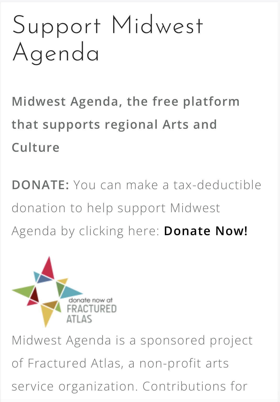Support Midwest Agenda text with donation information and logo, promoting arts and culture support.