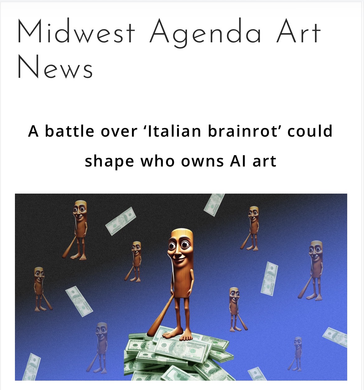 Magazine cover titled 'Midwest Agenda Art News' with animated dollar bill characters and floating money, blue background.