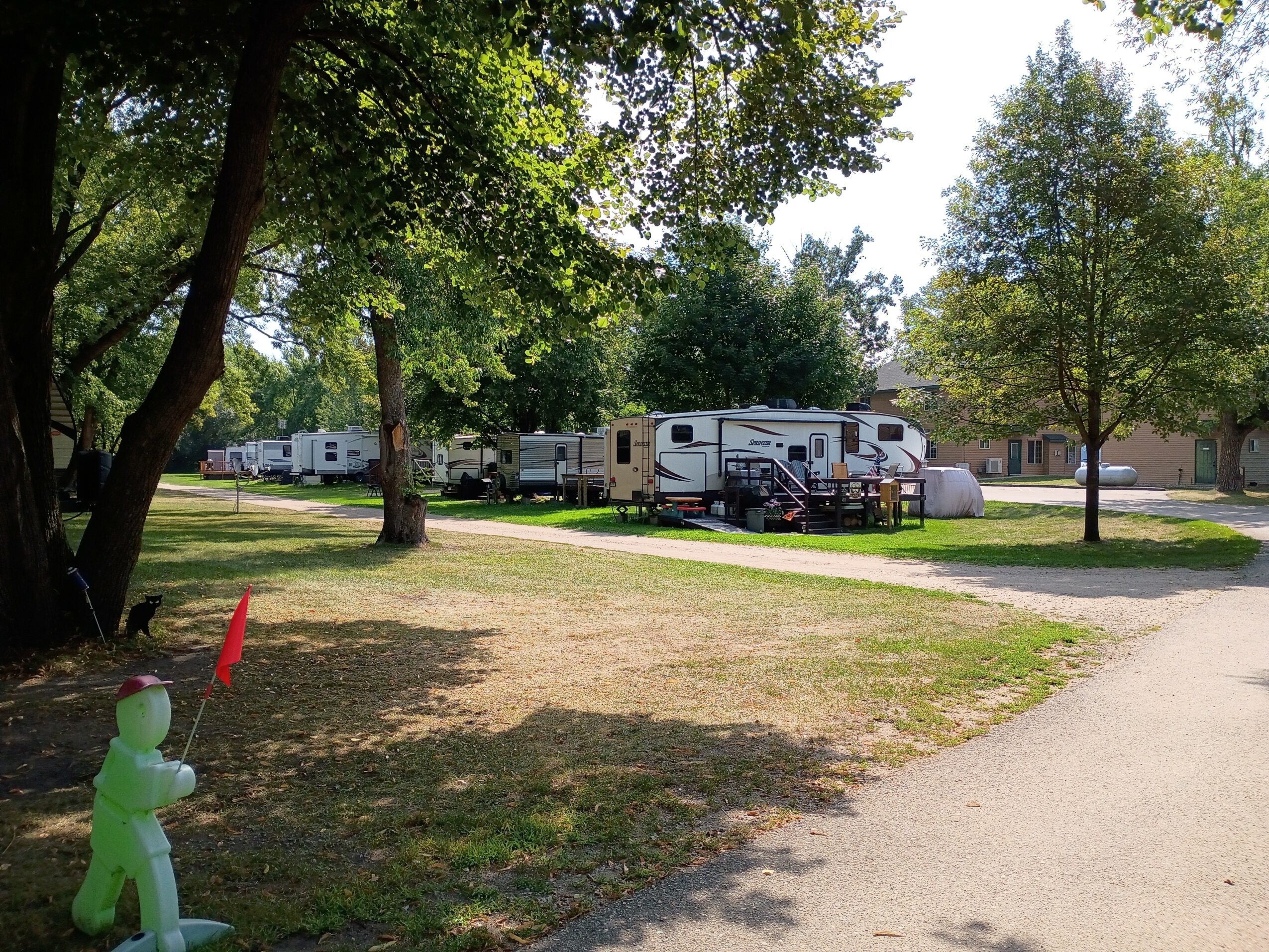 Campground with trees, RVs, and a dirt path, sunny day with clear sky.