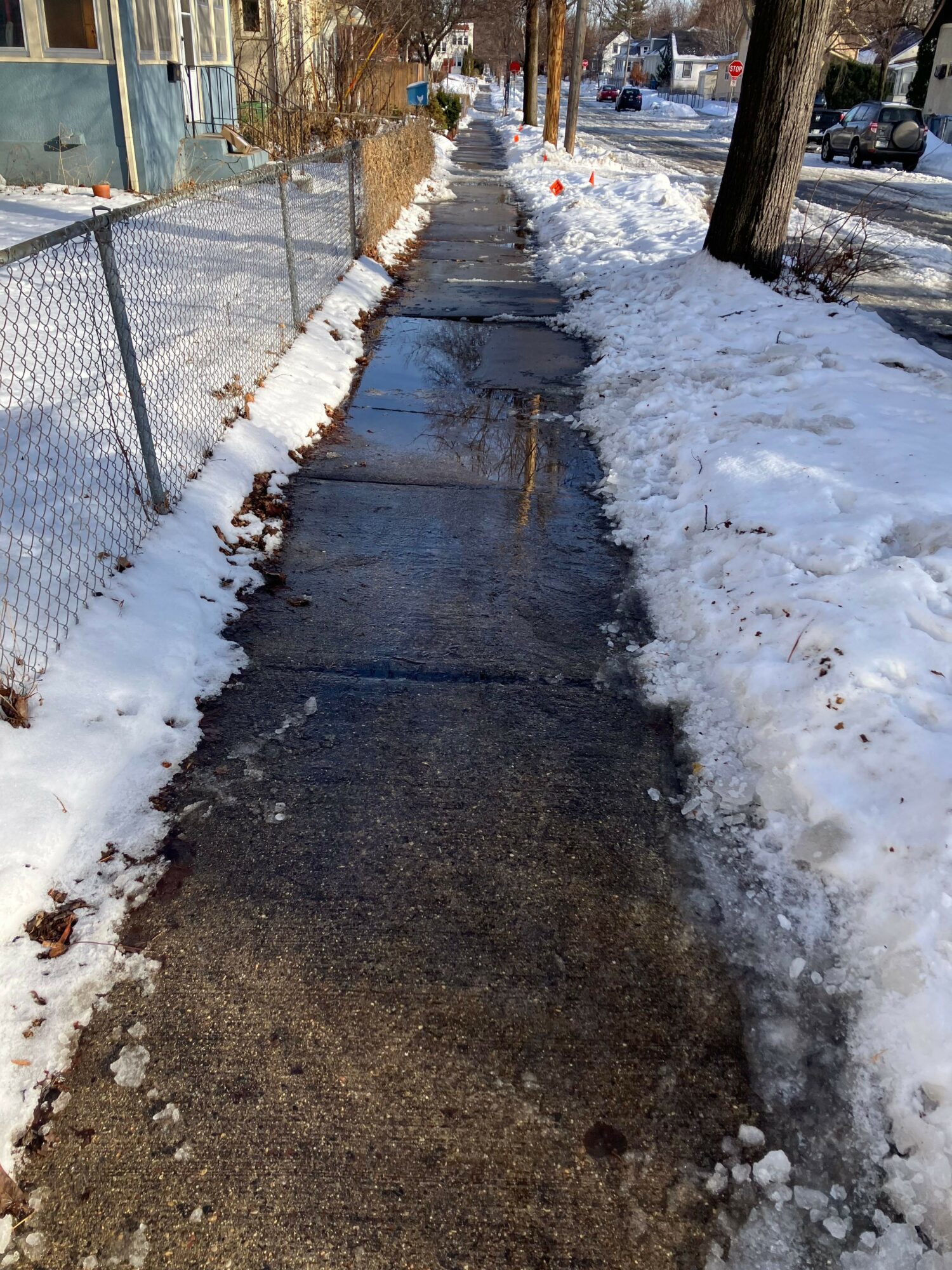 Snow-covered sidewalk with cleared path, buildings, and trees in the background, viewed from the side.
