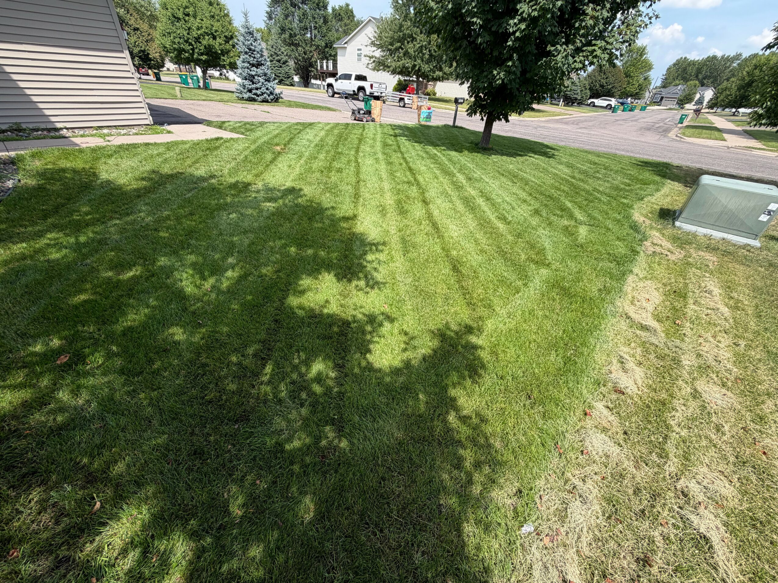 Well-maintained grassy area with striped mowing pattern, trees, and a sidewalk in the background.