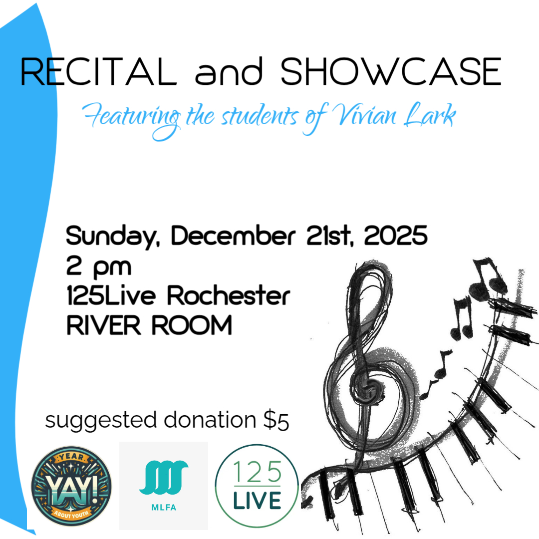 Event poster for recital and showcase featuring students, with date, time, location, and donation info, and musical notes illustration.