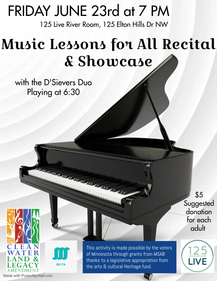 Event poster for a music recital on June 23rd at 7 PM, featuring a grand piano and details about the event.