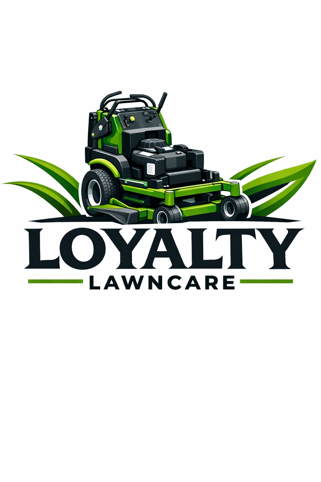 Lawnmower with grass blades and the text 'LOYALTY LAWNCARE' below, on a white background.