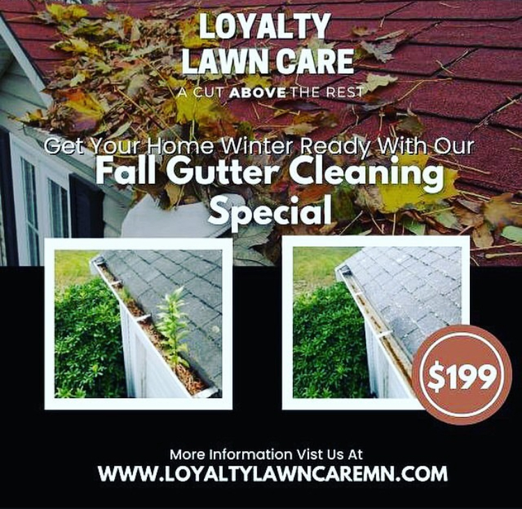 Advertisement for lawn care and gutter cleaning services with images of a house gutter and a leaf blower, and a price tag of $199.