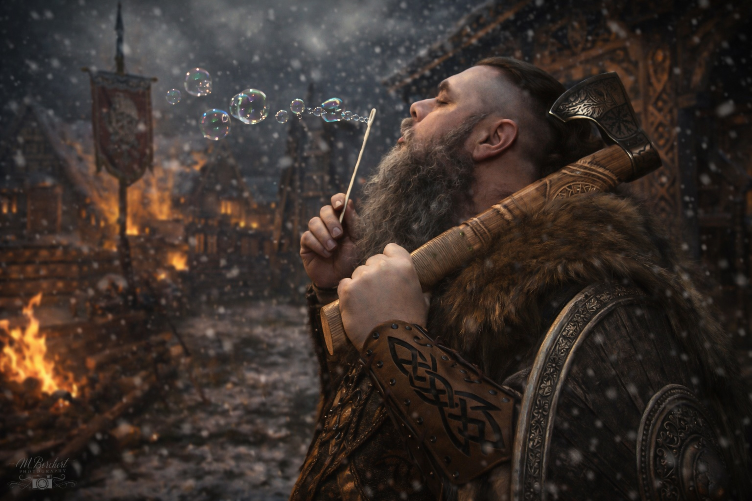 A bearded man in armor blows bubbles in a snowy, medieval-style setting with fire and banners in the background.