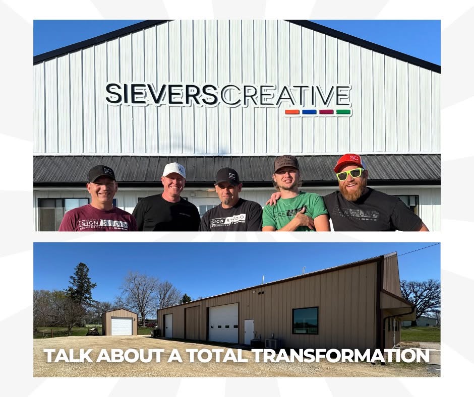 Four people standing in front of a building with a sign reading 'SIEVERS CREATIVE' and a second building with a caption about transformation.
