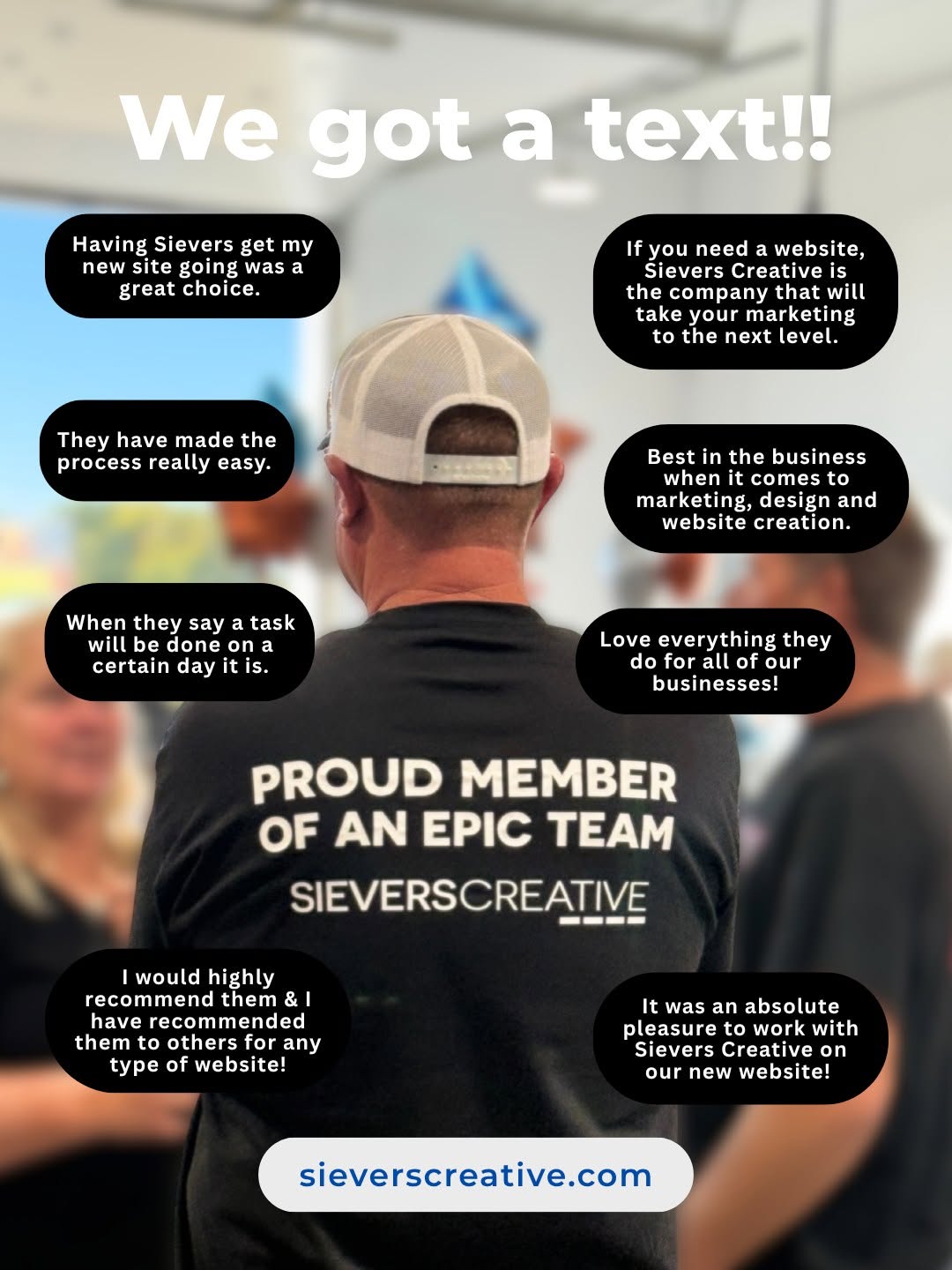 Person wearing a cap and black shirt with text, surrounded by speech bubbles with messages about a website and team. White background.