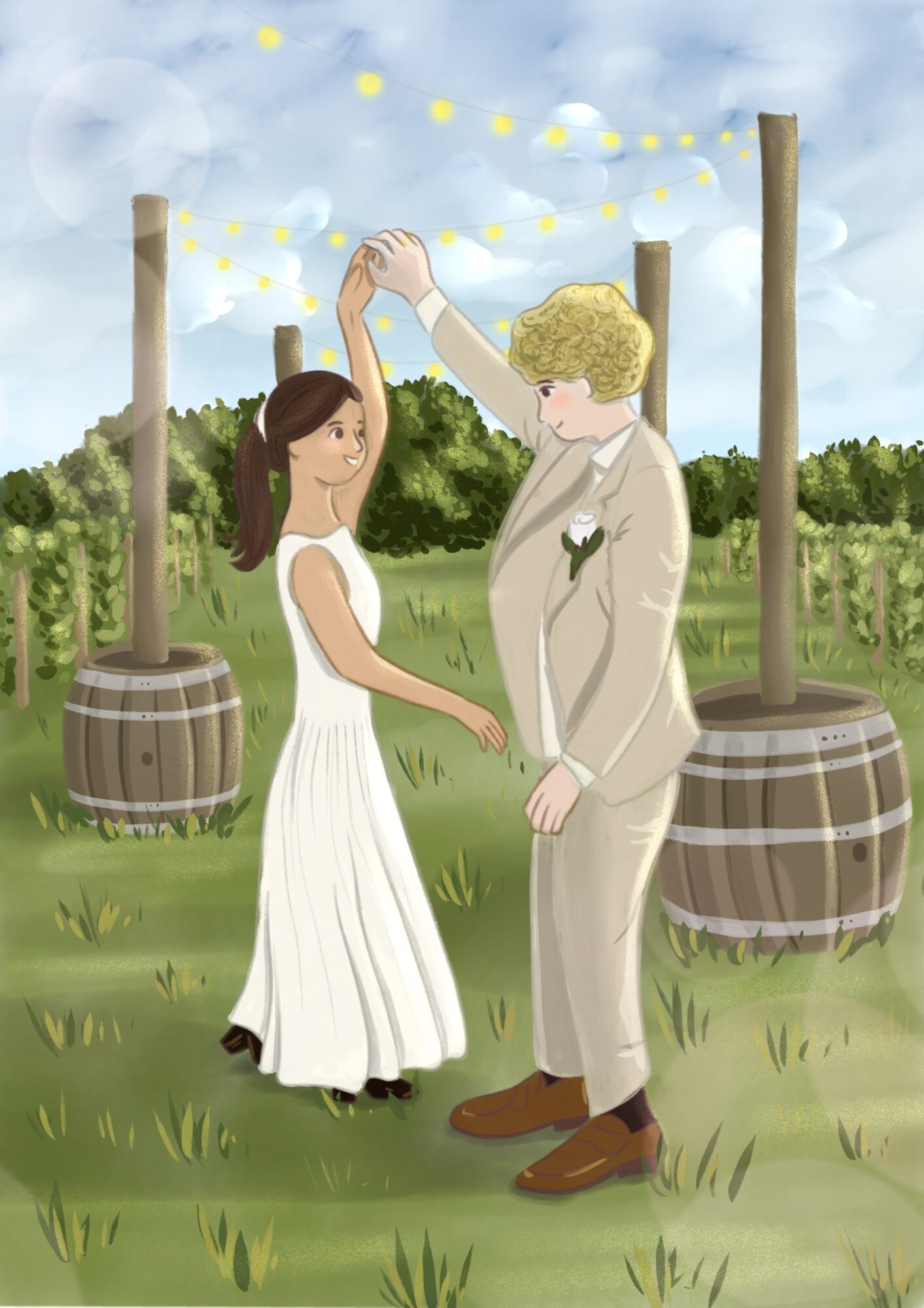 A couple dancing outdoors with string lights, barrels, and greenery in the background, woman in a white dress, man in a suit.