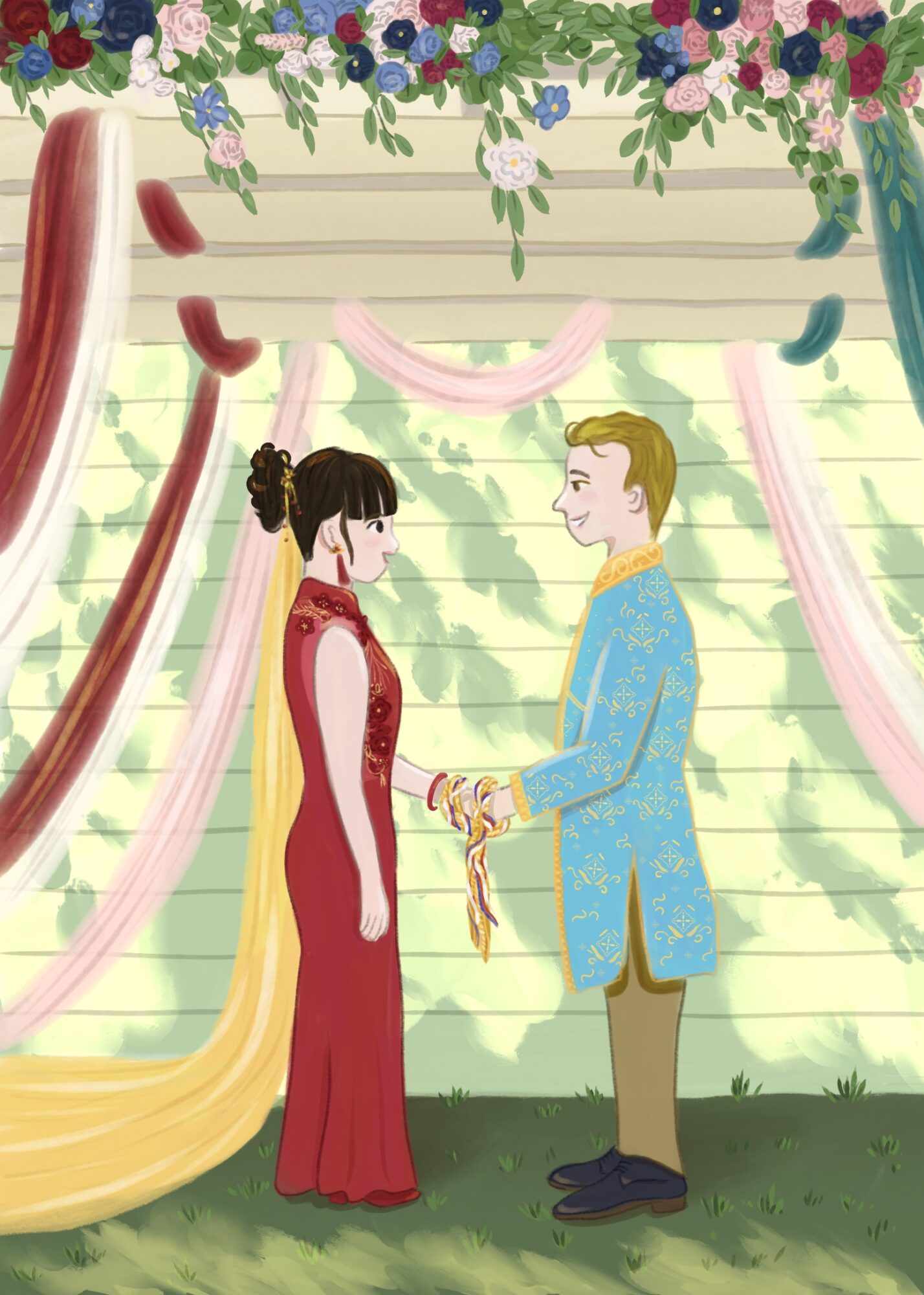 A man in a blue suit presents a gift to a woman in a red dress at a decorated outdoor event, with floral arrangements and drapes.