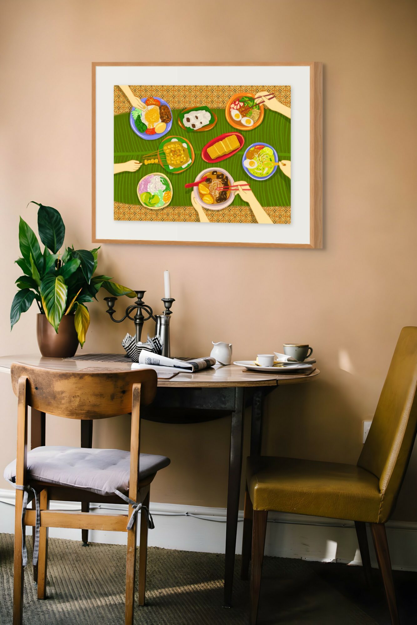 Colorful artwork of various animals and objects on a green background, framed and hanging on a beige wall.