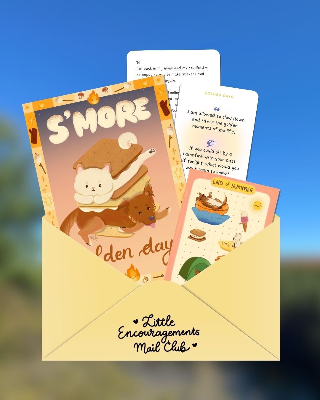Open envelope with children's books and cards inside, set against a blue sky background.