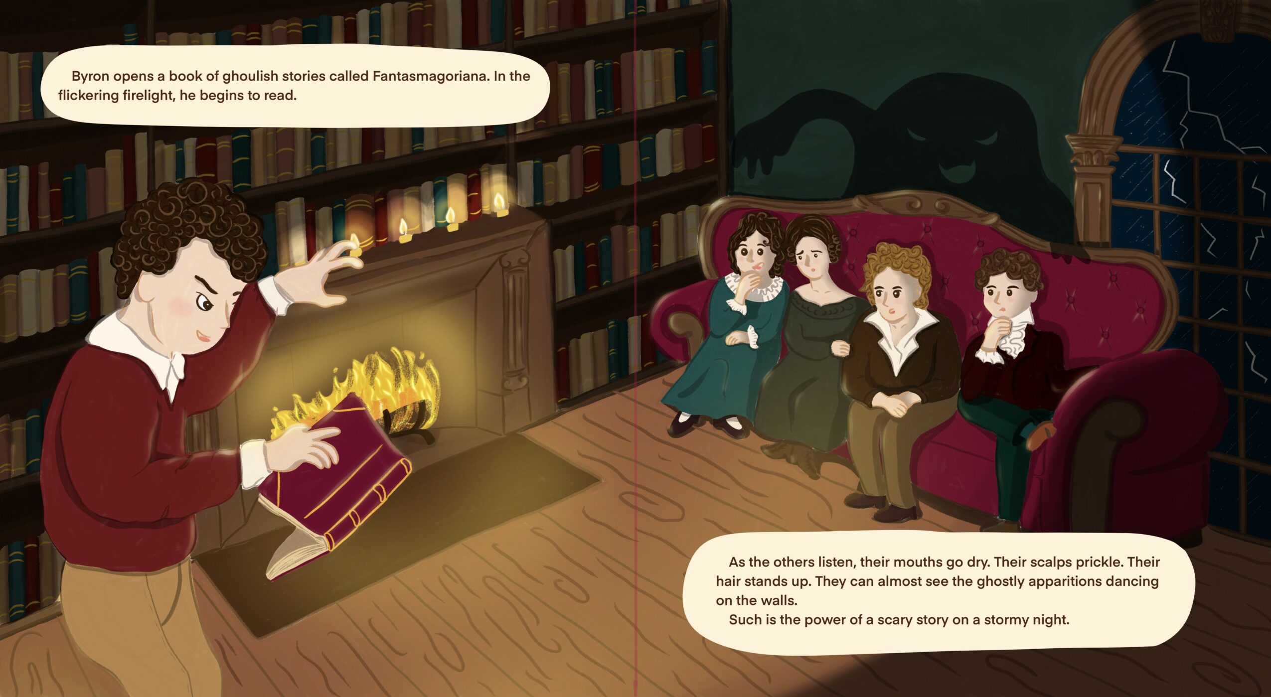 Person reading a book by a fireplace with three children sitting on a sofa, in a room with bookshelves and a window.