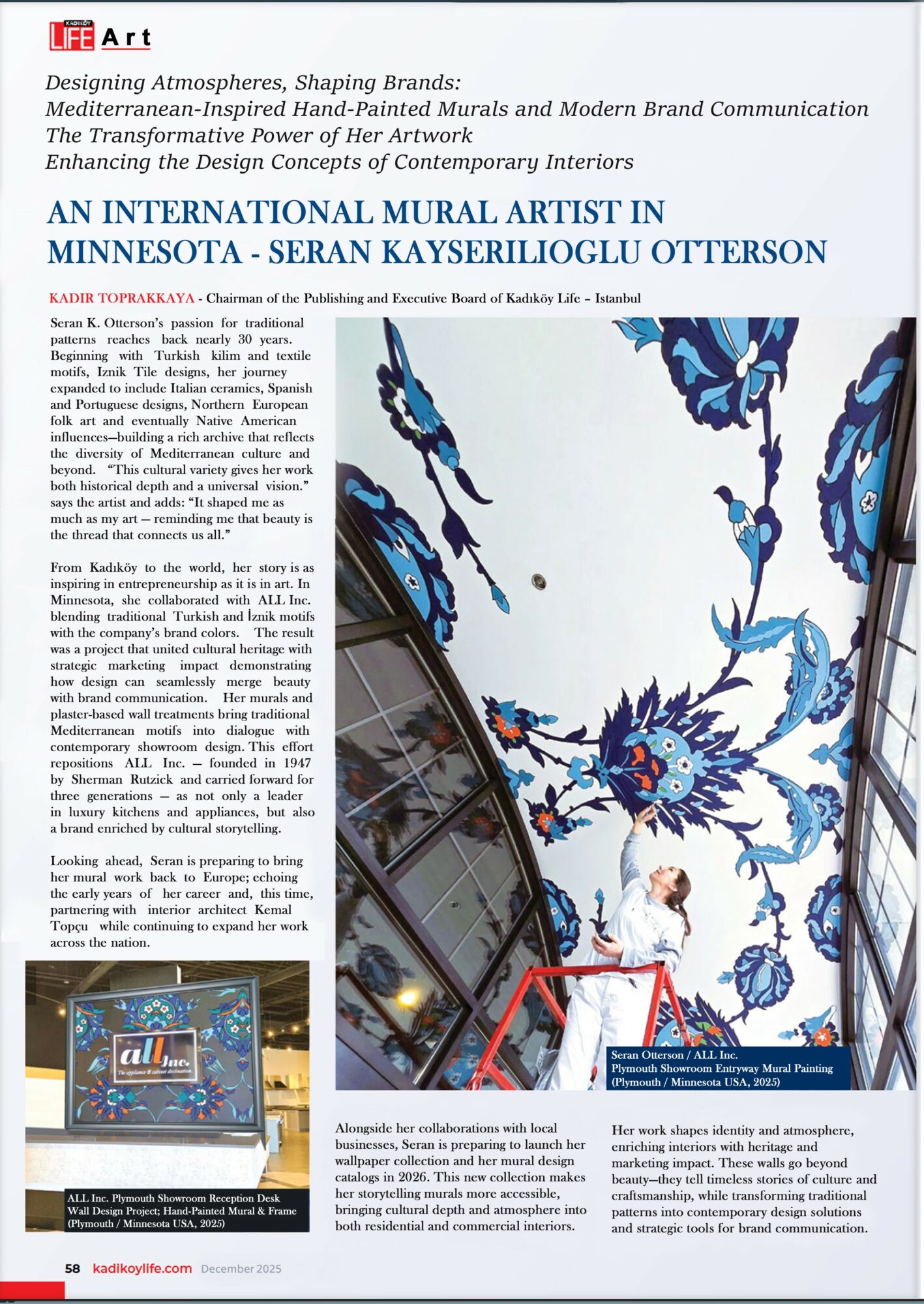 Colorful mural with blue floral and abstract patterns on a wall, with a person painting on a ladder.