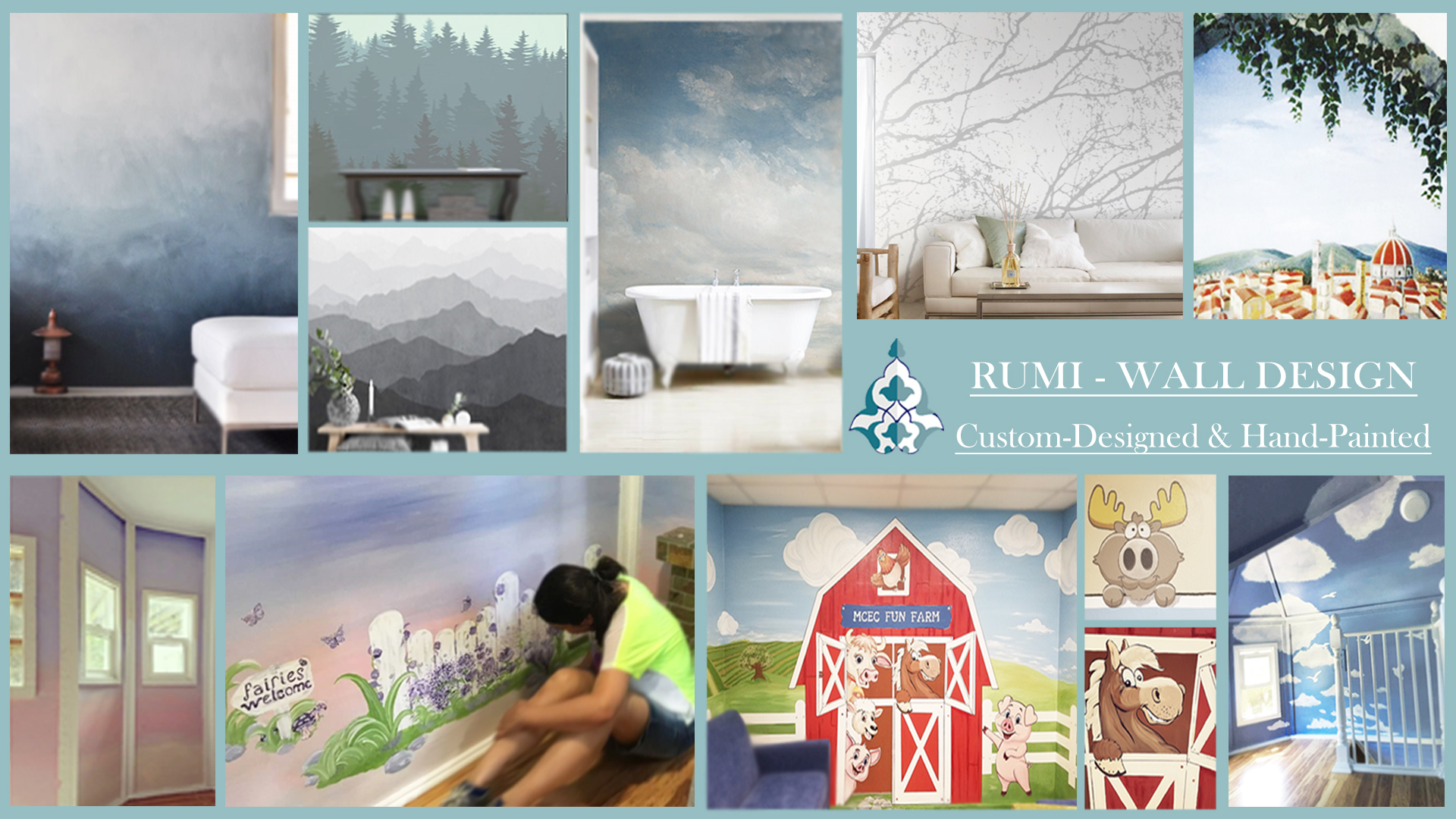 Collage of interior and exterior design images, including walls, furniture, and children painting, with a logo and text for a design company.