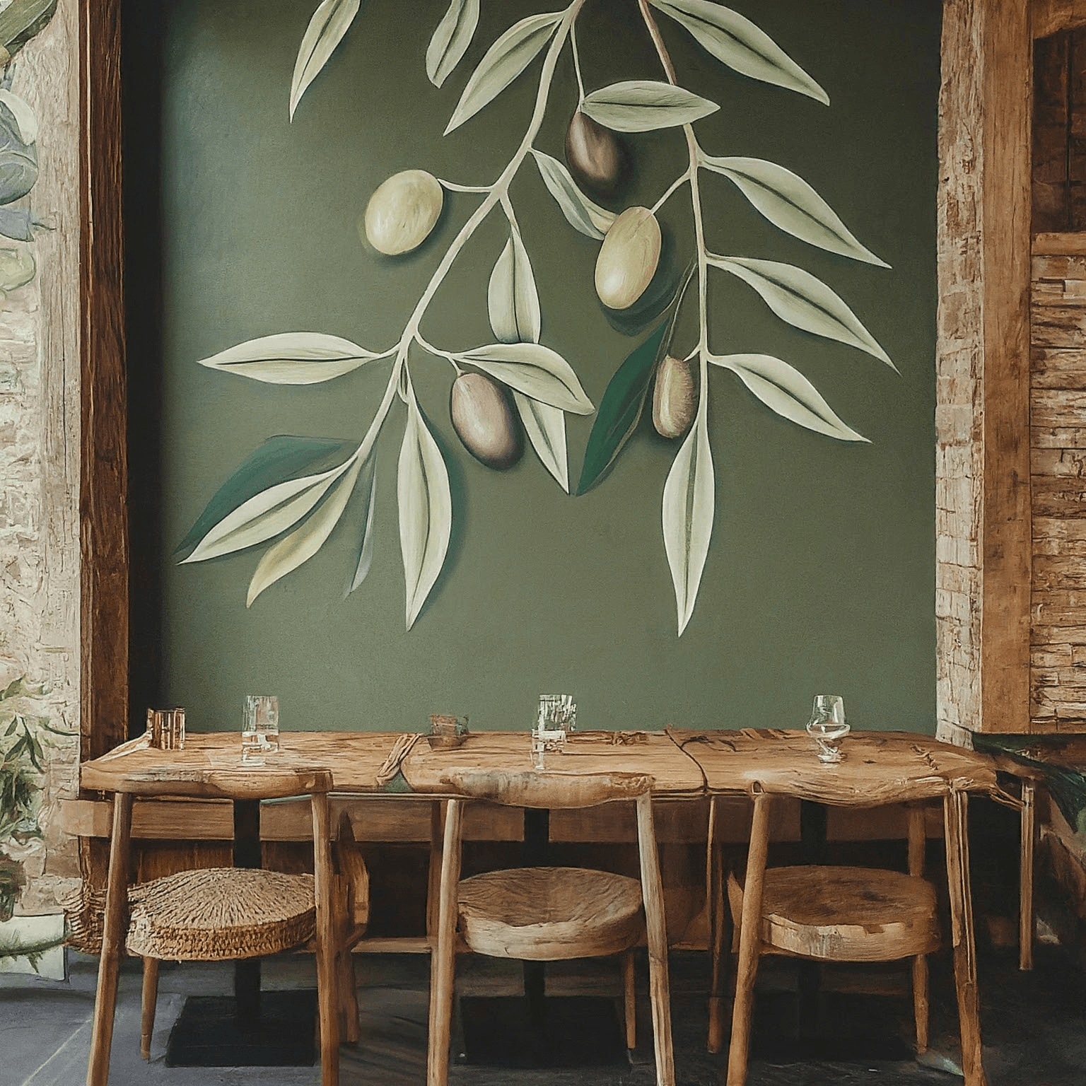 Wooden table with four chairs in front of a green wall with painted olive branches and olives, rustic interior.