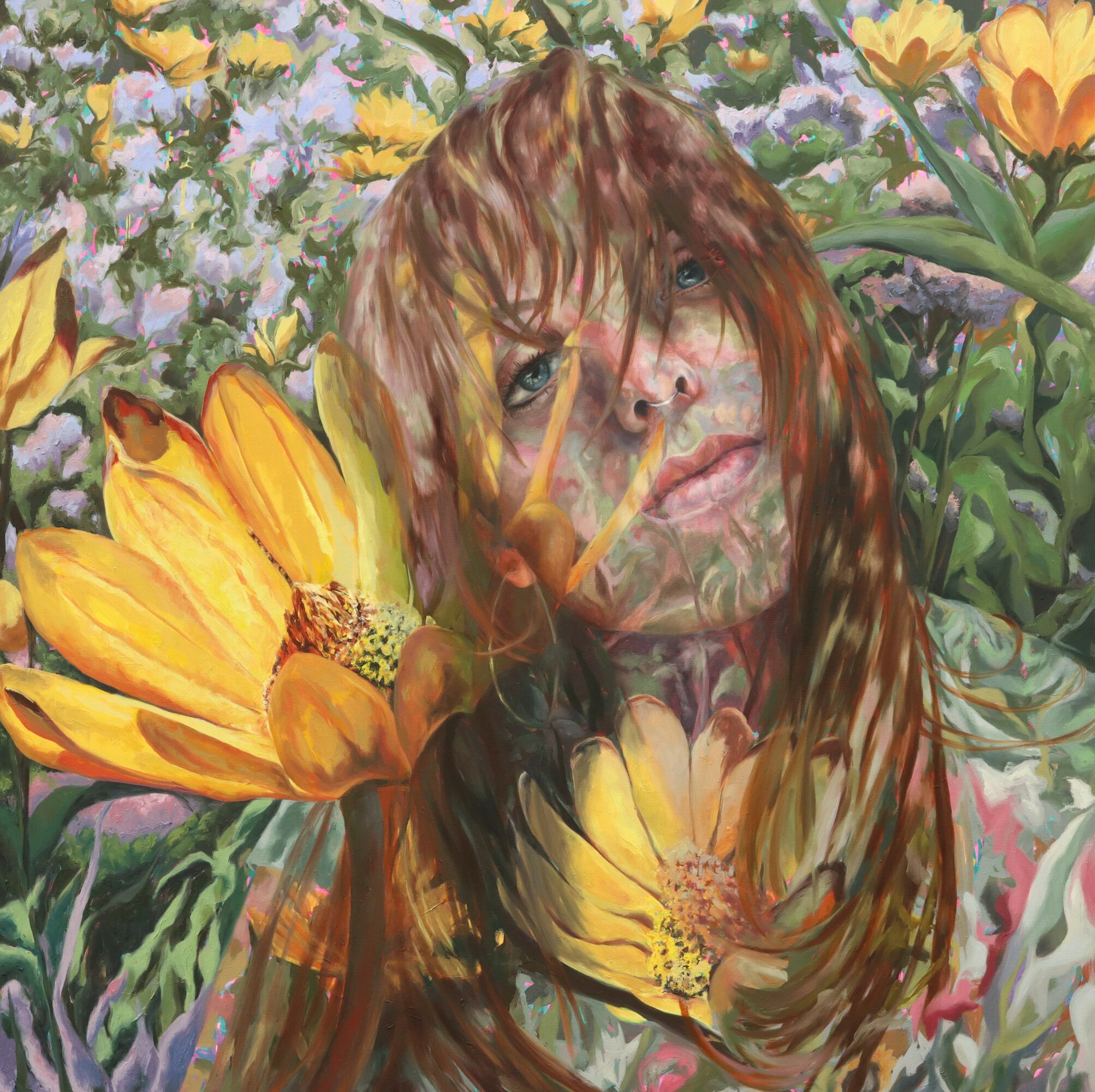 A woman with long hair surrounded by colorful flowers, blending into a floral background.
