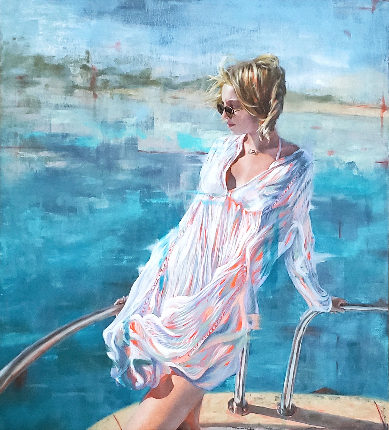 Woman in a white dress with pink and blue streaks, wearing sunglasses, standing by a pool with water in the background.
