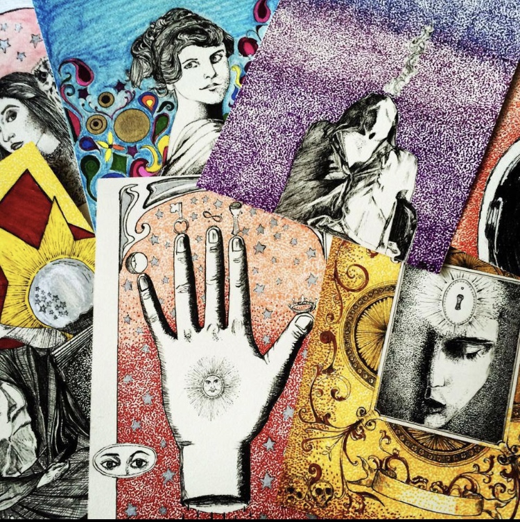 Collection of artistic illustrations including women, a hand with a sun, and abstract designs.