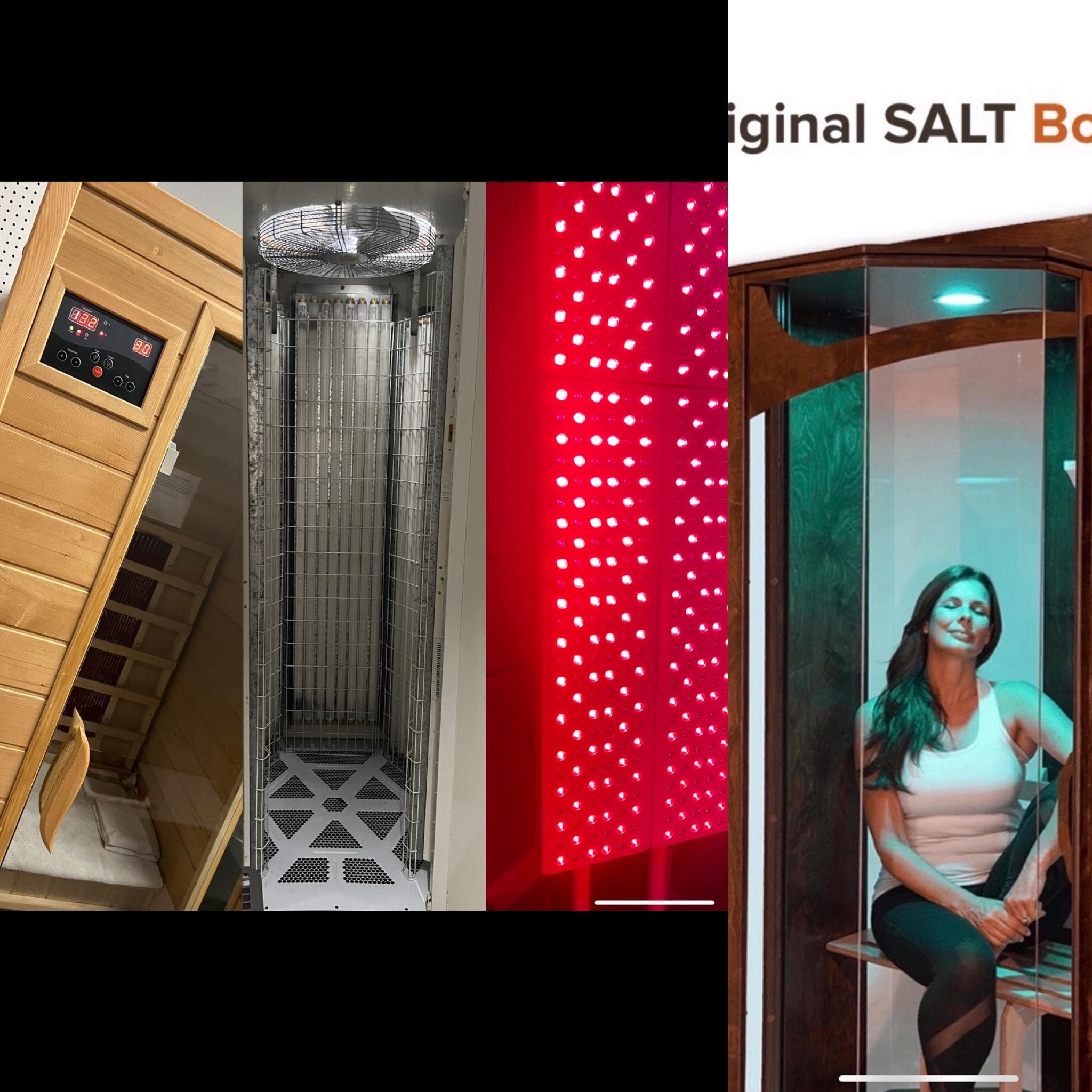 Four images showing a sauna, shower, red light therapy device, and a woman sitting inside a wellness pod.
