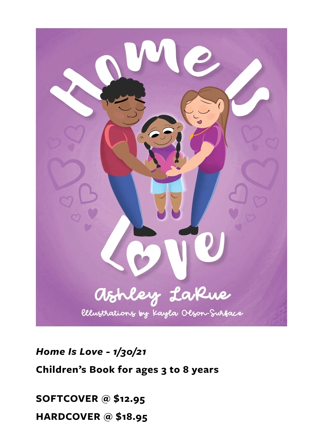 Three children, two girls and one boy, holding hands and smiling, with purple background and hearts, text reads 'Home Love'.