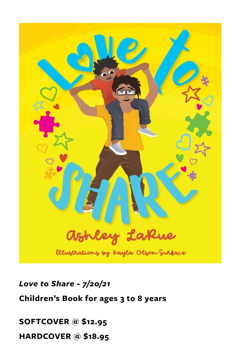 Two children smiling and holding a sign that says 'Love to Share' on a yellow background with colorful shapes.