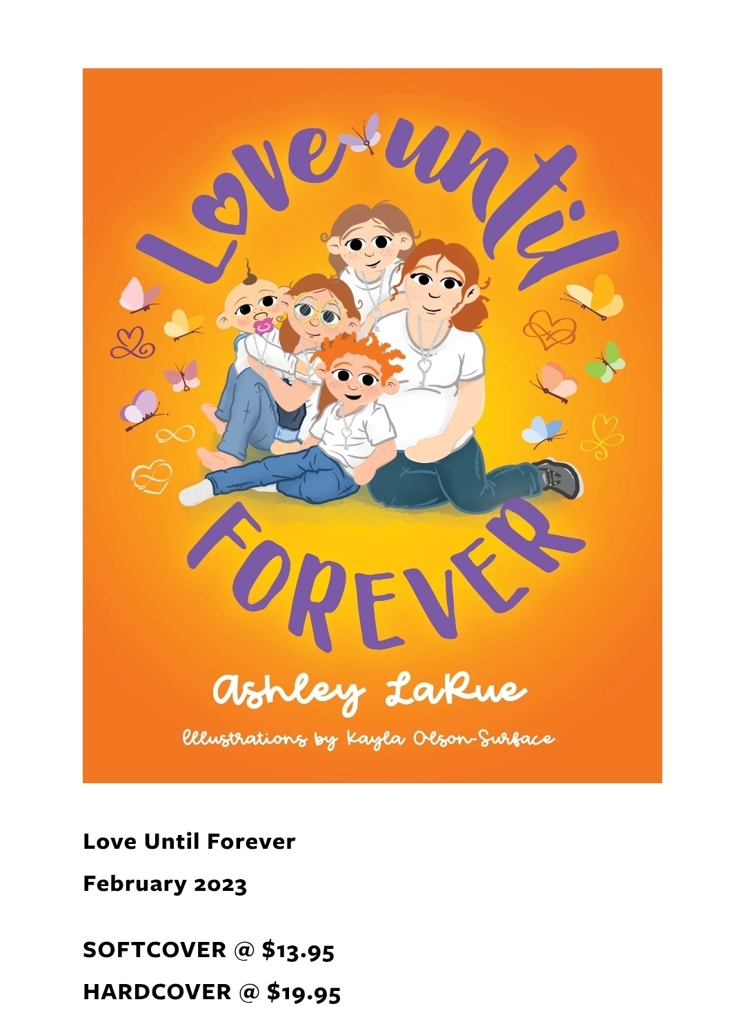 Group of five children sitting together with hearts and butterflies around them, on an orange background, with the text 'Love Until Forever'.