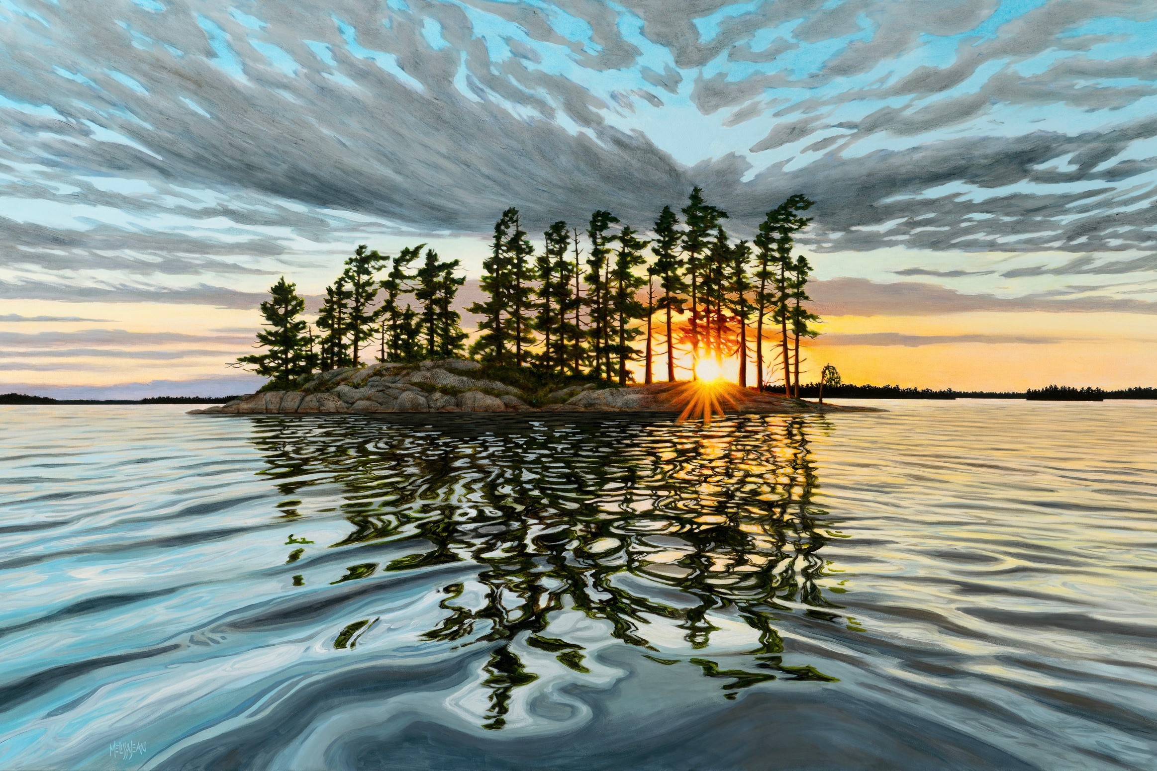 Sunset behind a small island with tall trees, reflected in calm water with ripples, under a partly cloudy sky.