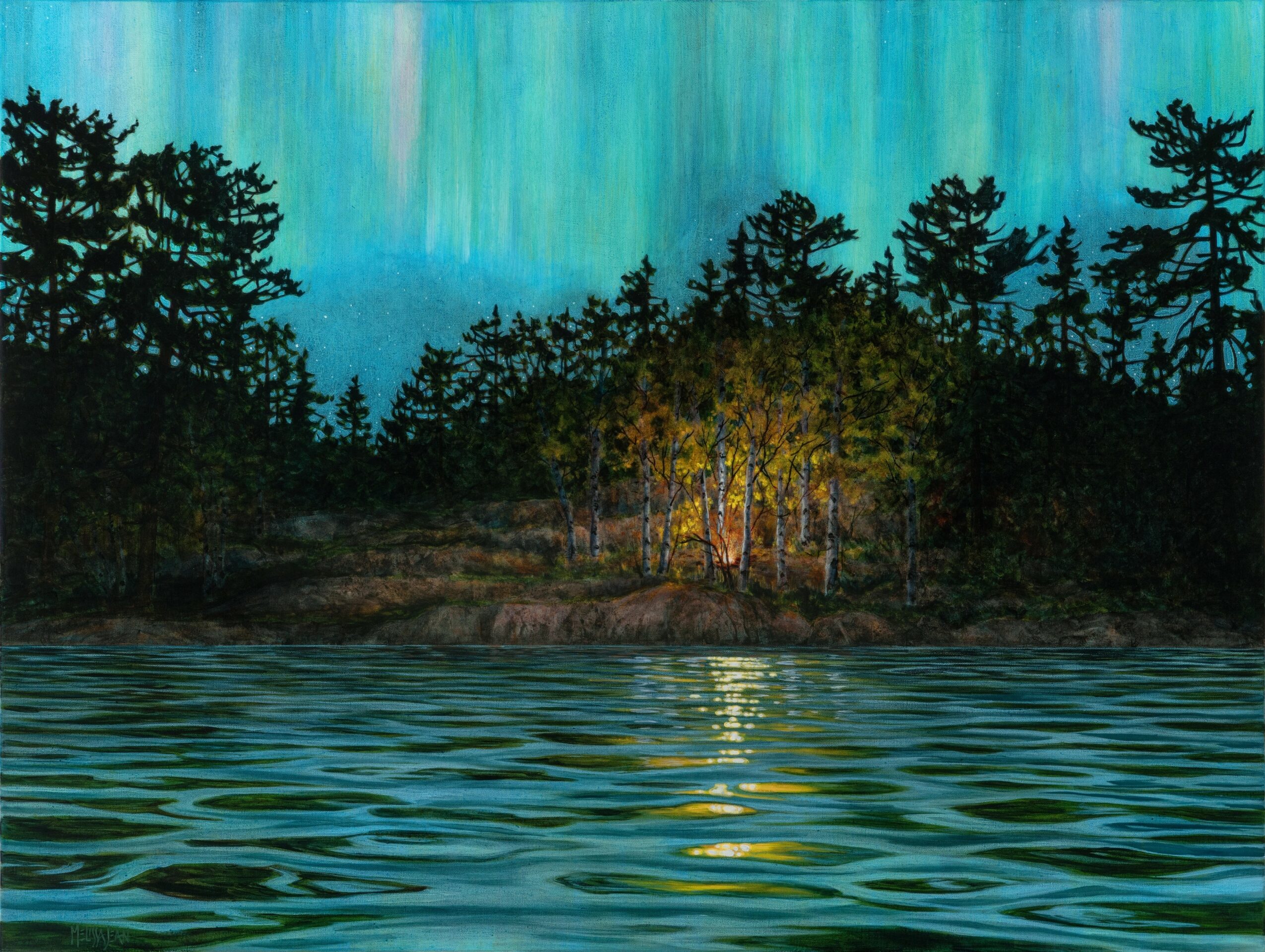 Northern lights over a forested shoreline with water in the foreground, trees silhouetted against the sky, and reflections on the water.