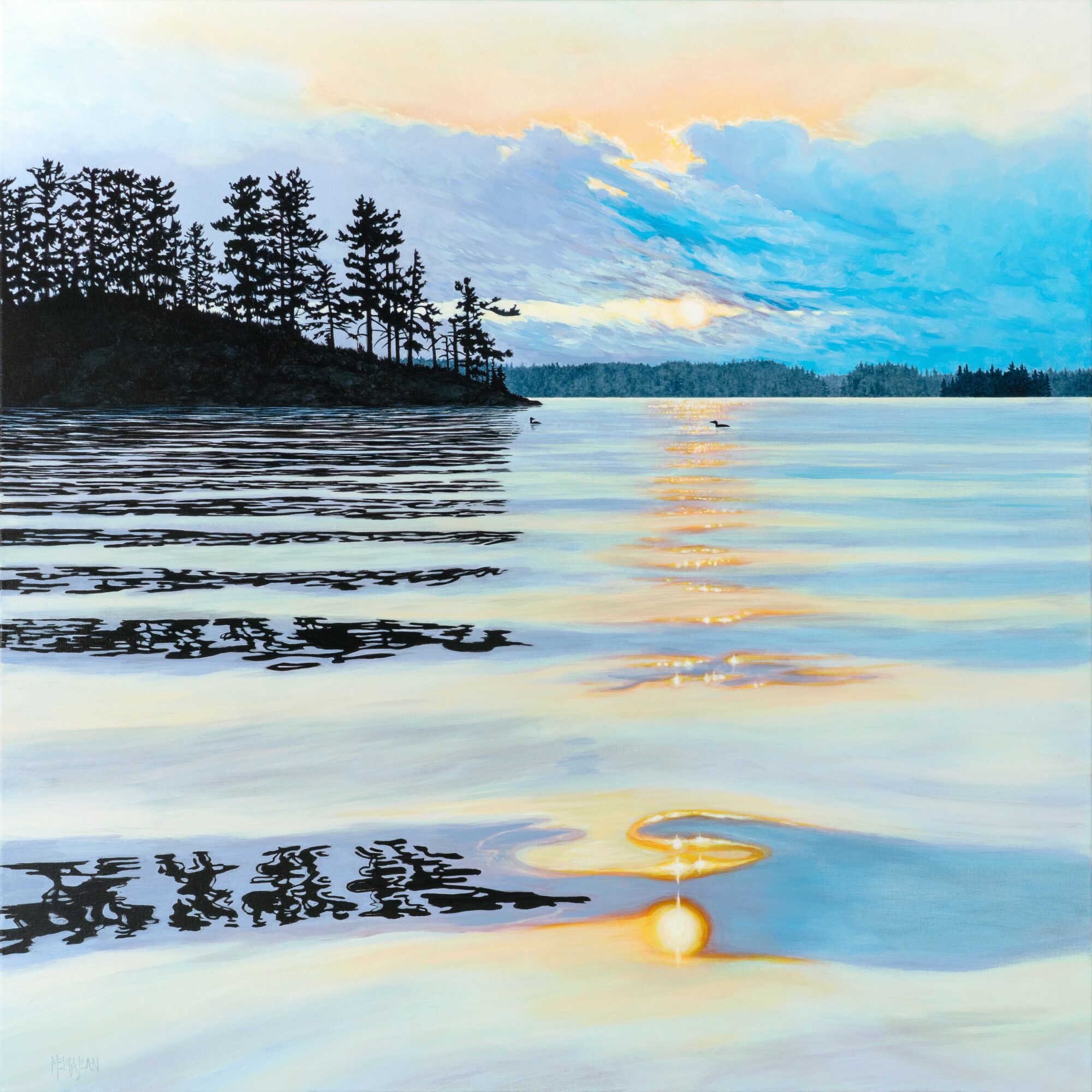 Calm lake with reflections of trees and sky, sunset or sunrise with soft pastel colors, distant shoreline, and gentle ripples.