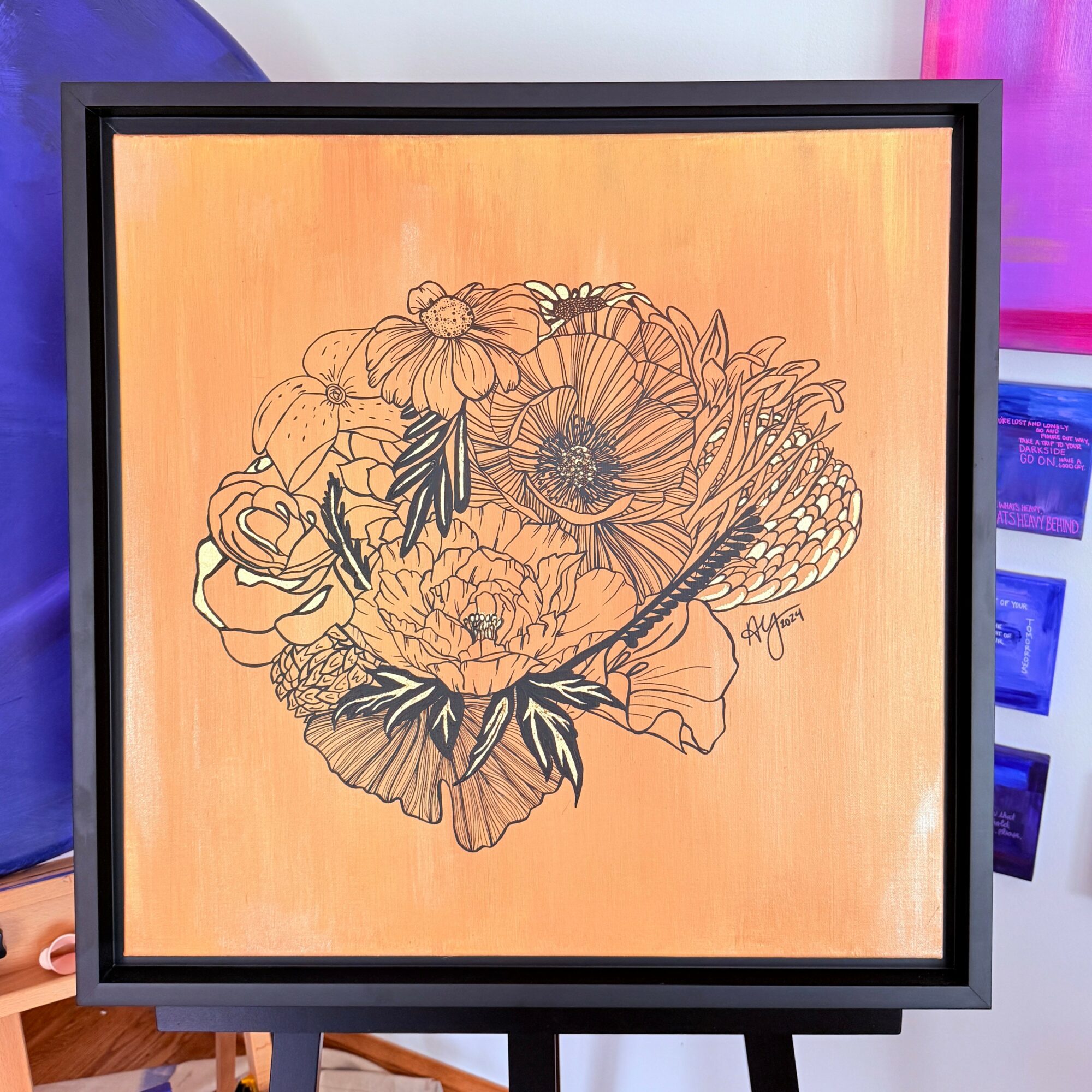Line drawing of a bouquet of flowers on a light orange background, framed in black.